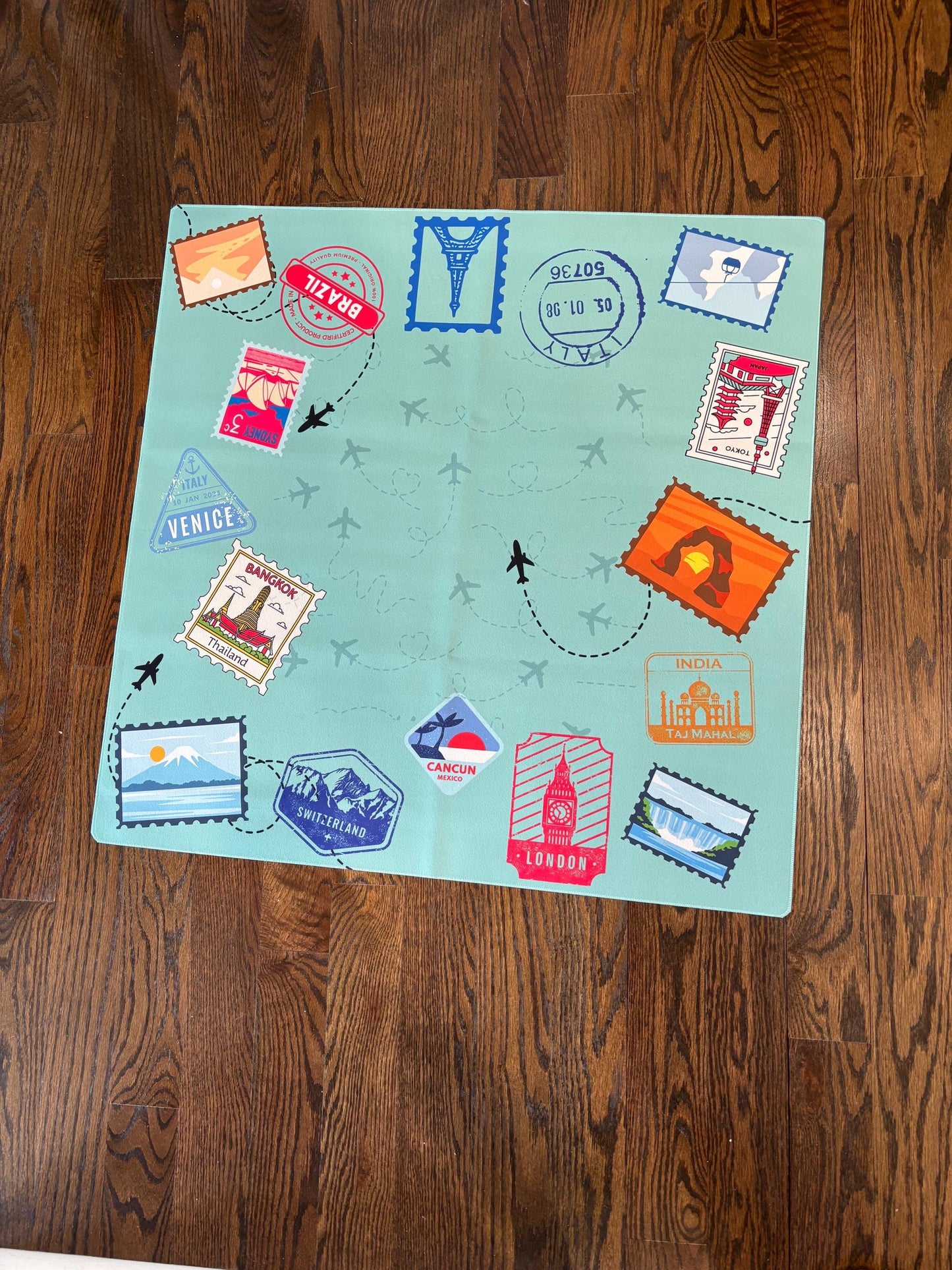 Travel Stamps Mahjong Mat: Mahj Game Tabletop (31.5-inch)