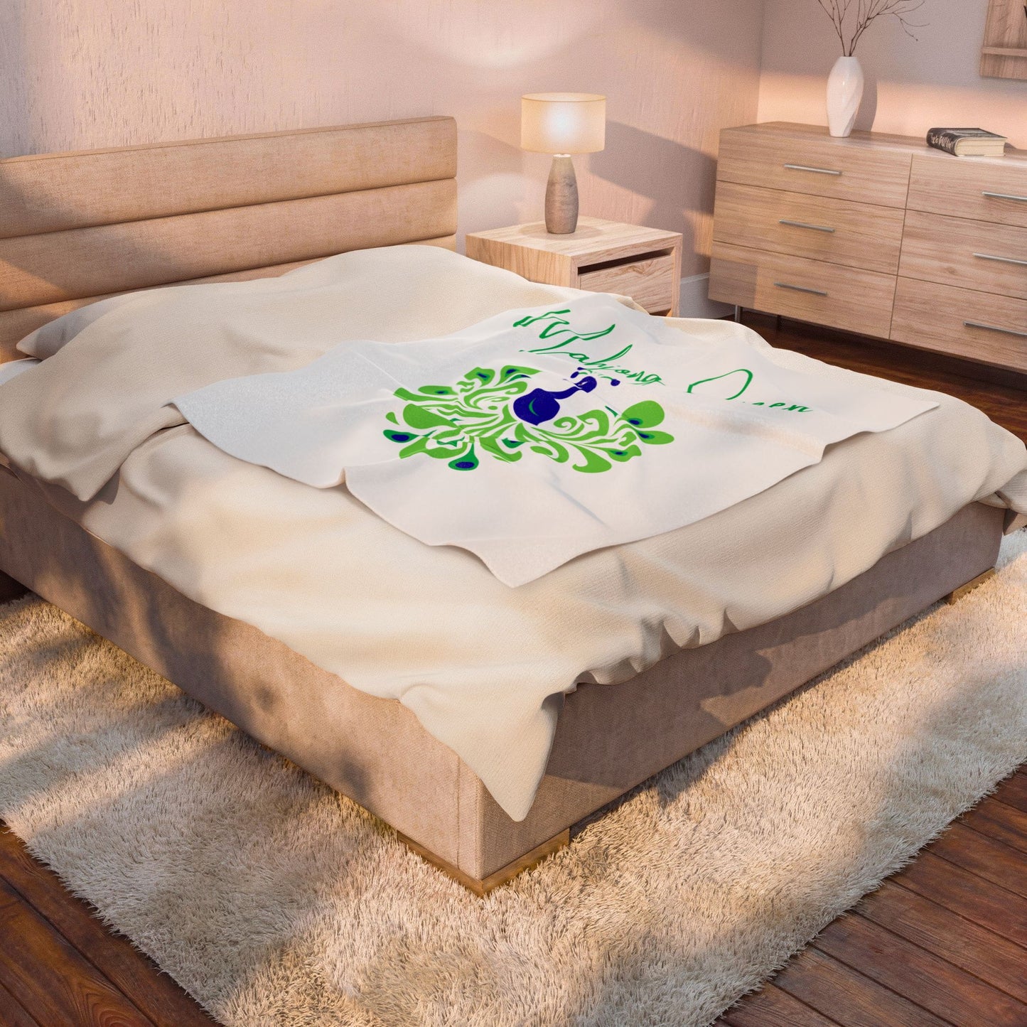Mahjong Queen Velveteen Plush Blanket | Peacock Design, Green Blue Script