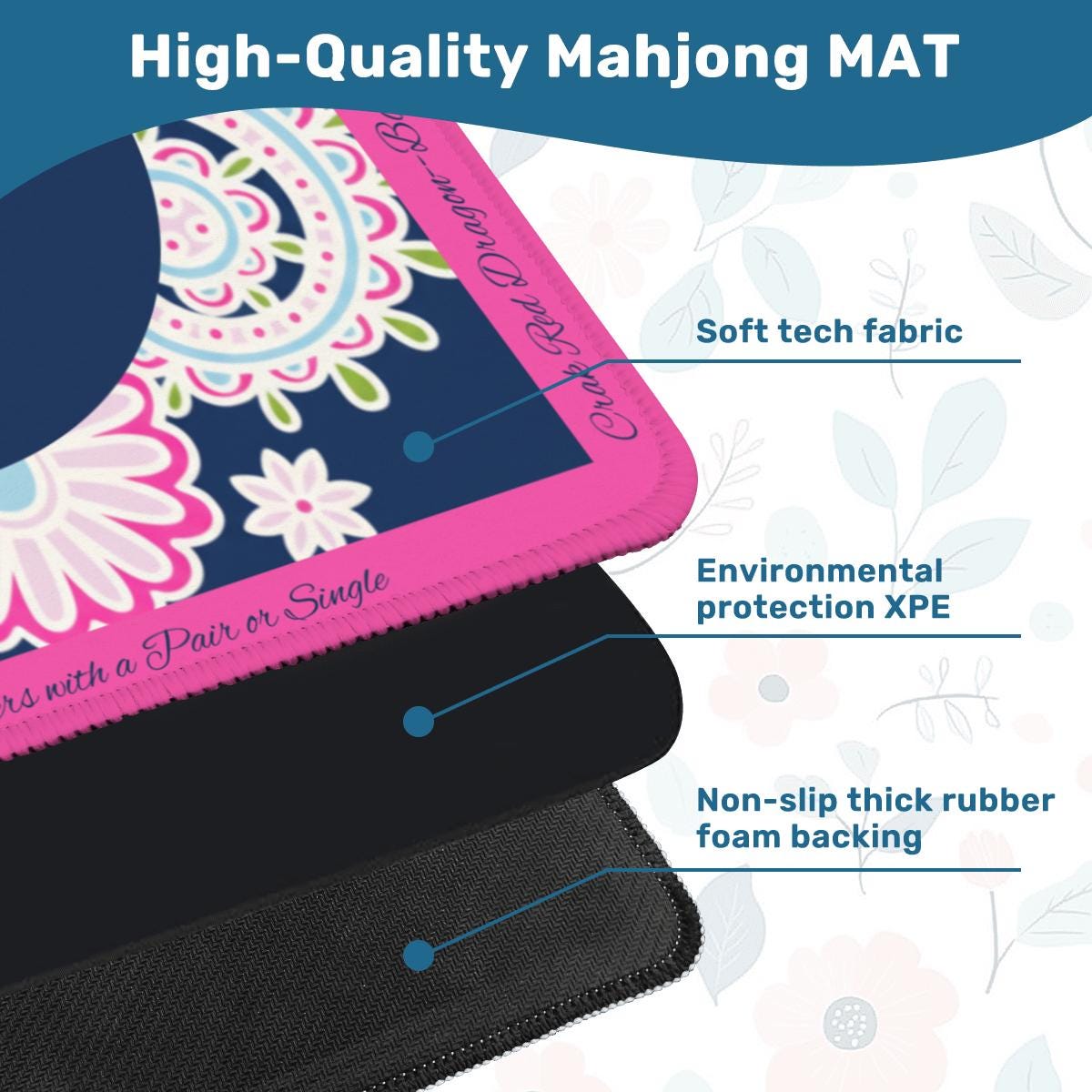 Pink Paisley Mahjong Mat with Printed Mahj Instructions: Non-Slip Polyester, 31.5" Square