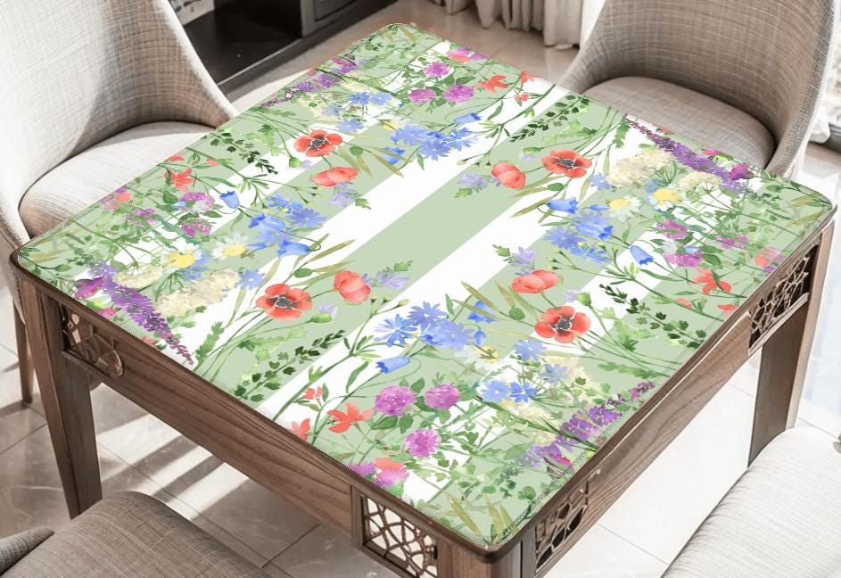 Sage Green Spring Floral Stripe Mahjong Mat