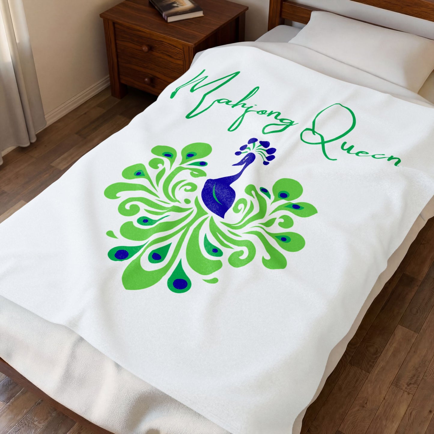 Mahjong Queen Velveteen Plush Blanket | Peacock Design, Green Blue Script