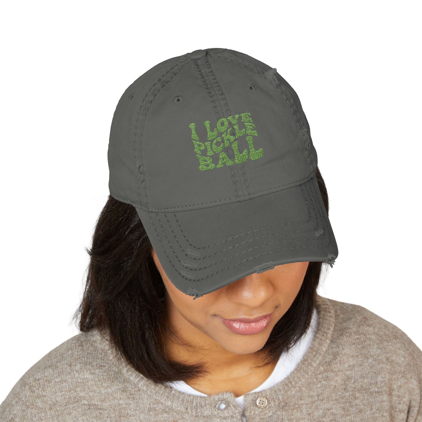 Distressed Pickleball Hat with I Love Pickle Ball Embroidery - Trendy Cap for Sports Lovers, Casual Outings, Gifts for Pickleball Players
