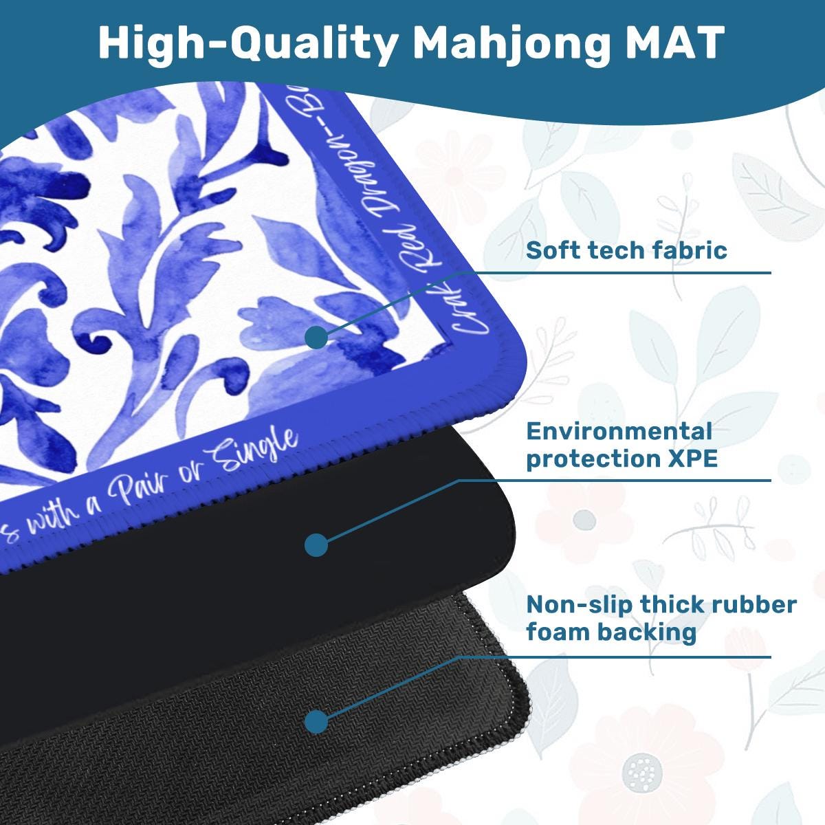 Deep Blue Floral Mahjong Mat with instructions: Mahj Game Tabletop (31.5-inch)