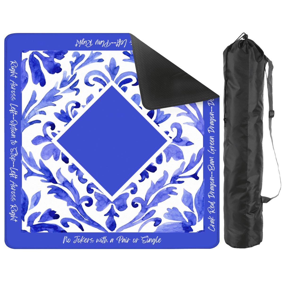 Deep Blue Floral Travel Mahjong Mat with instructions: Mahj Game Tabletop (20.9-inch)