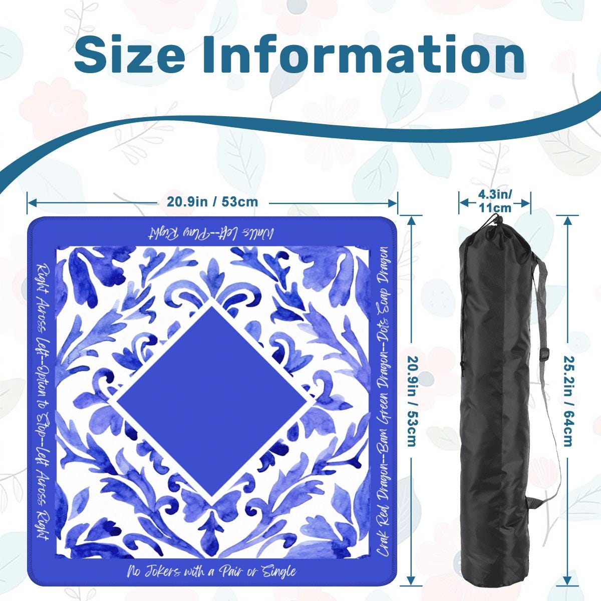Deep Blue Floral Travel Mahjong Mat with instructions: Mahj Game Tabletop (20.9-inch)