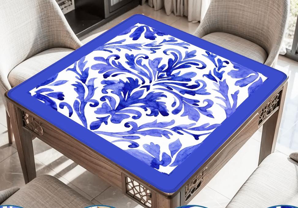 Deep Blue Floral Mahjong Mat: Mahj Game Tabletop (31.5-inch)