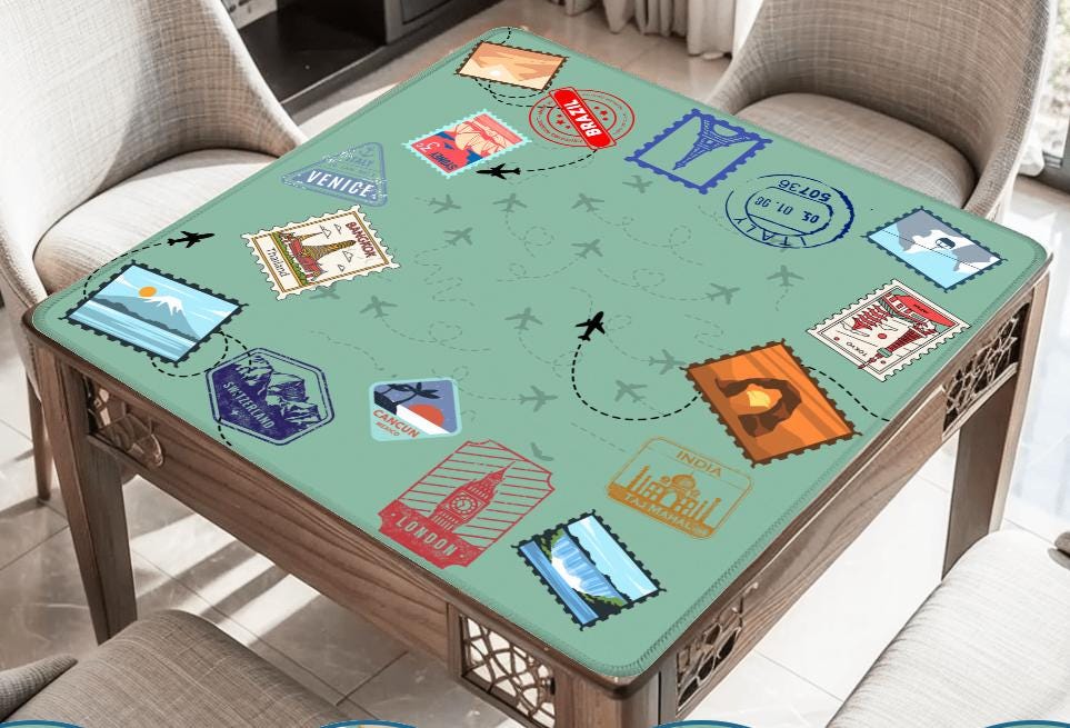 Travel Stamps Mahjong Mat: Mahj Game Tabletop (31.5-inch)