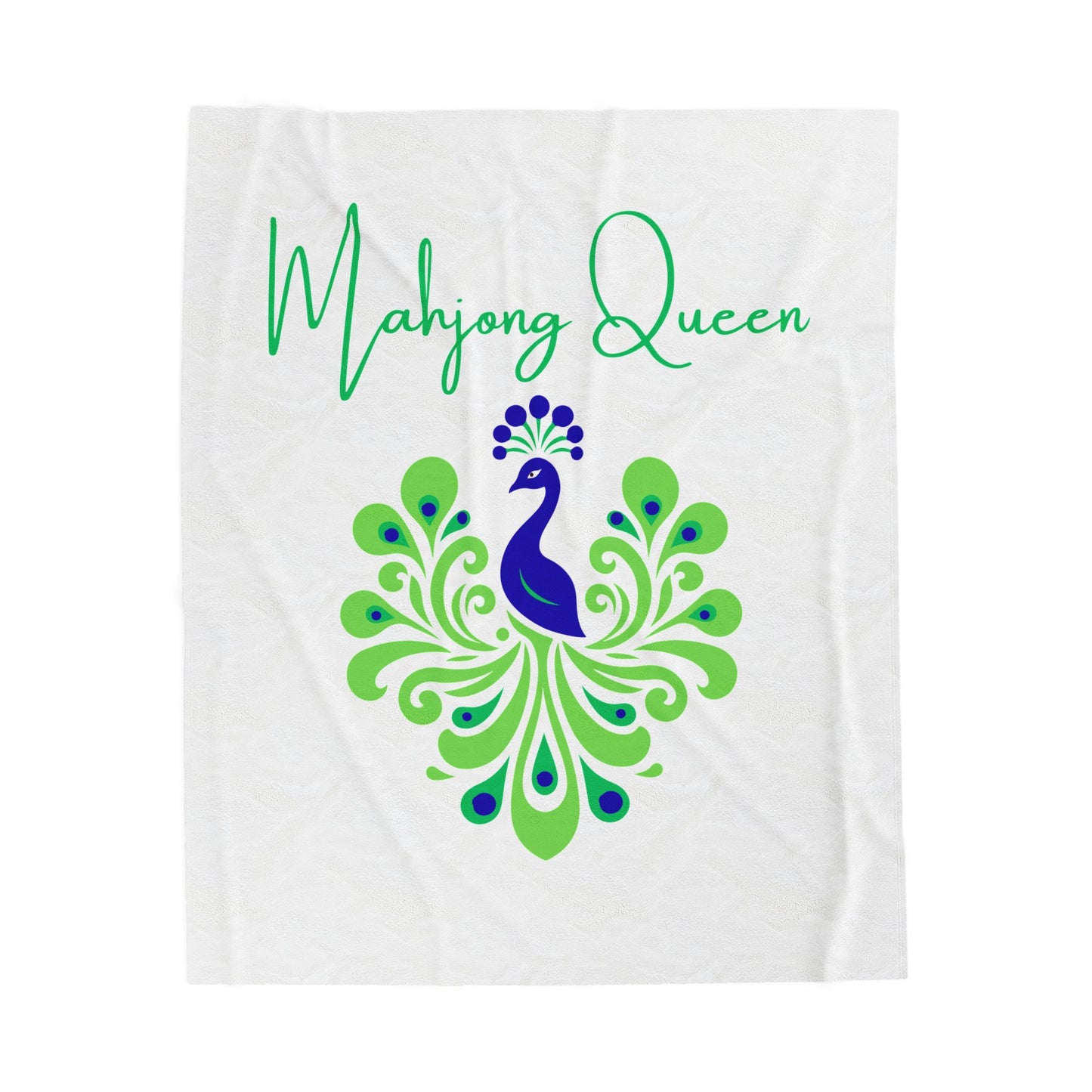 Mahjong Queen Velveteen Plush Blanket | Peacock Design, Green Blue Script