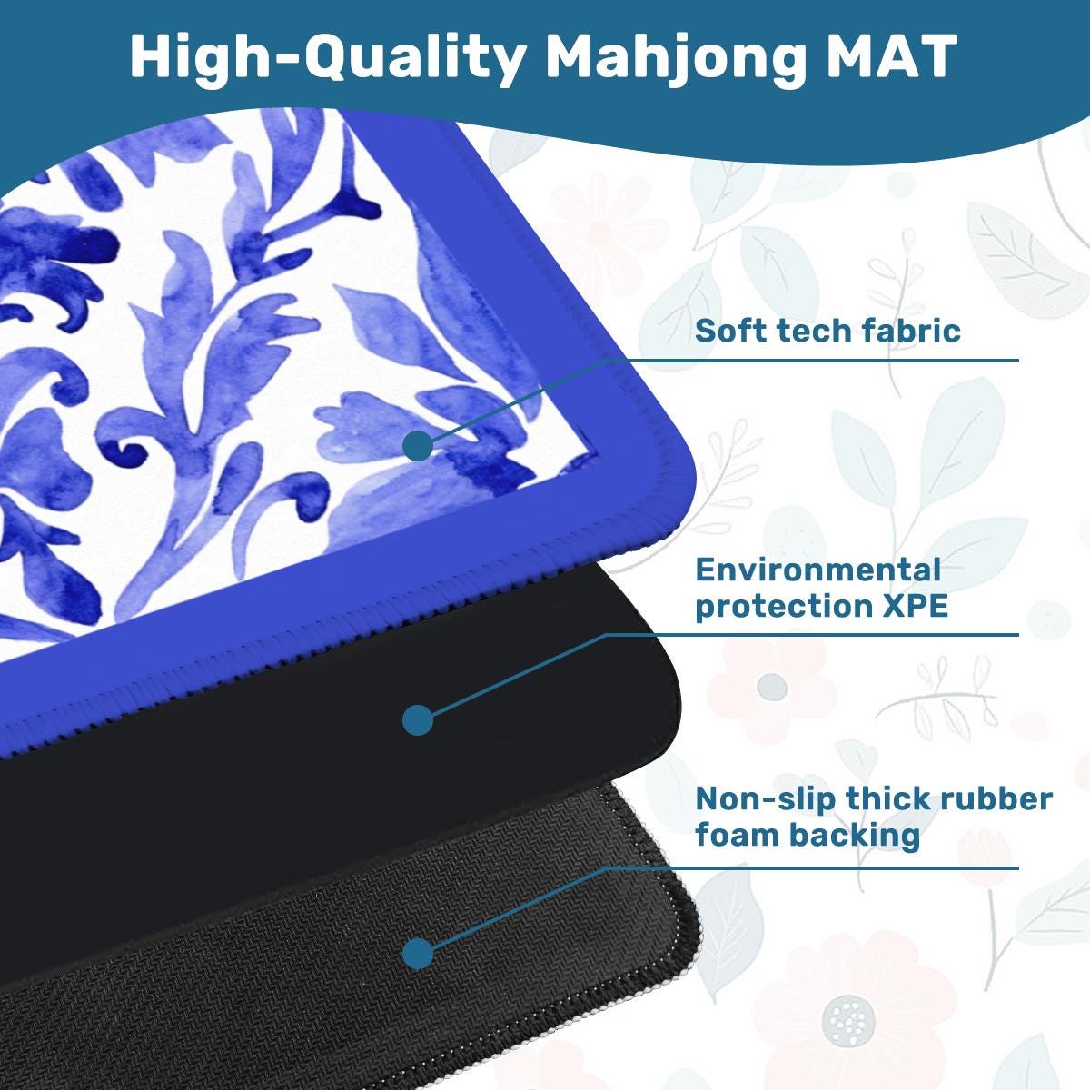 Deep Blue Floral Mahjong Mat: Mahj Game Tabletop (31.5-inch)