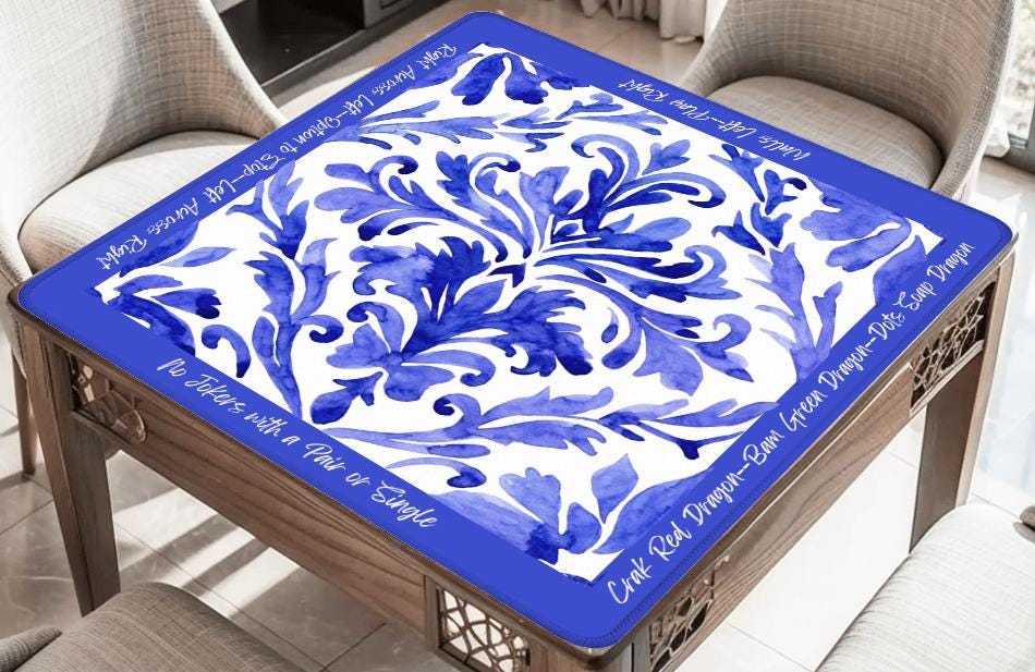 Deep Blue Floral Mahjong Mat with instructions: Mahj Game Tabletop (31.5-inch)