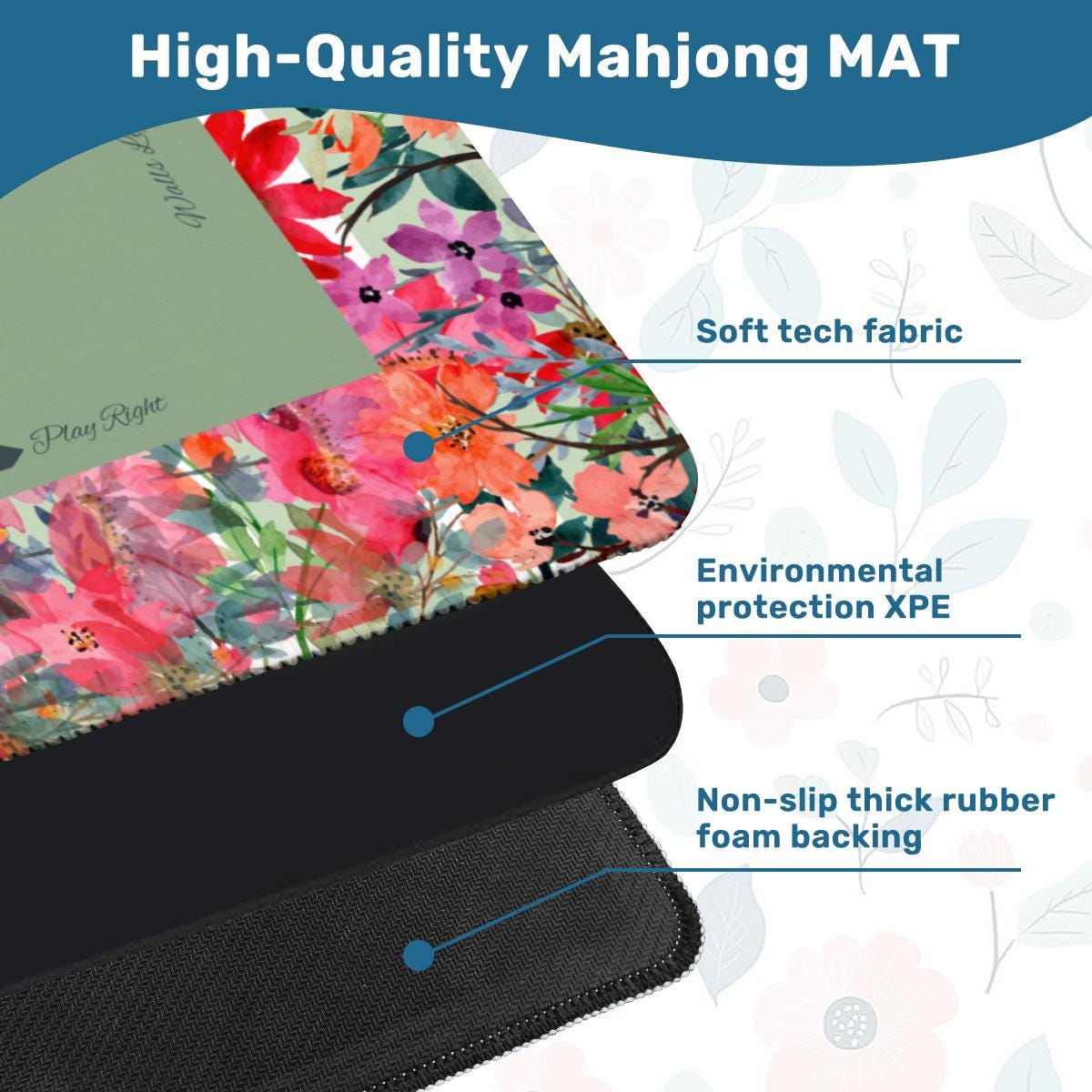 Sage Green Floral with Instructions Mahjong Mat: Mahj Game Tabletop (31.5-inch)