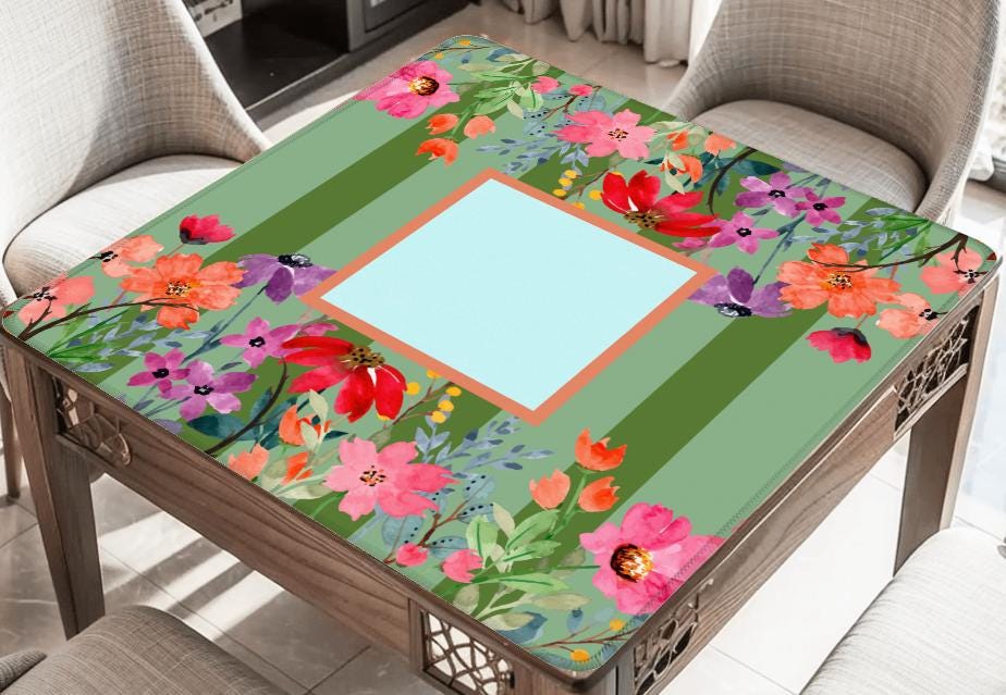 Blue and Coral Floral Mahjong Mat: Mahj Game Tabletop (31.5-inch)