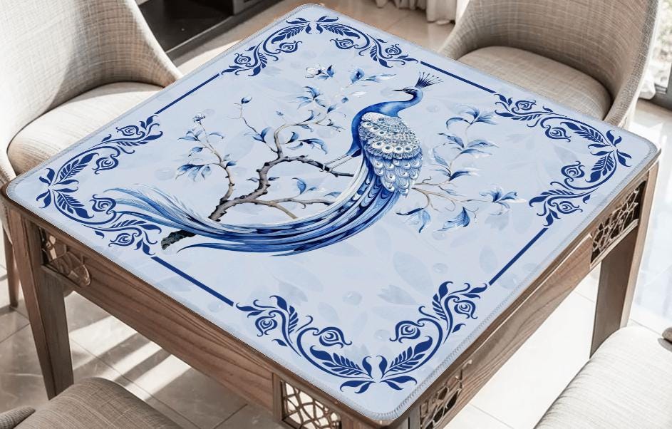 Blue Peacock on a Branch Mahjong Mat: Non-Slip Polyester, 31.5" Square