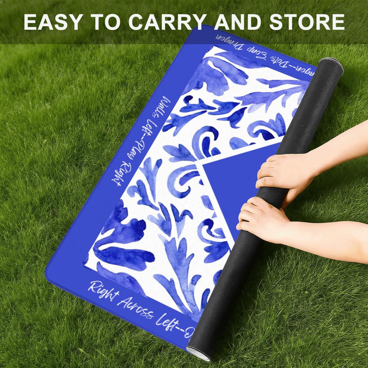 Deep Blue Floral Travel Mahjong Mat with instructions: Mahj Game Tabletop (20.9-inch)