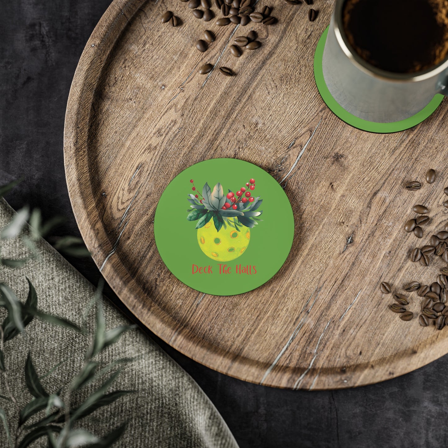 Festive Pickleball Holiday Coasters, Deck the Halls Drink Coasters, Christmas Home Decor, Eco-Friendly Beverage Coasters, Seasonal Tableware