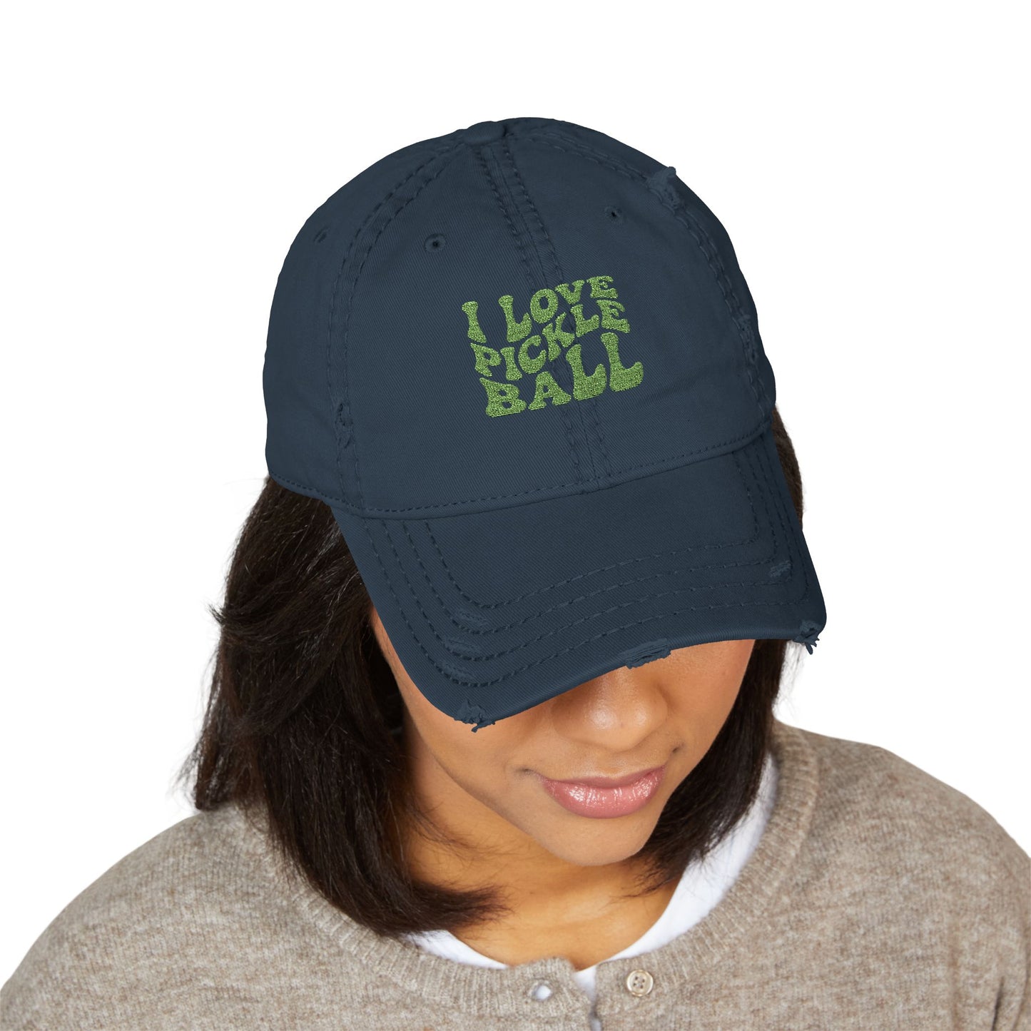 Distressed Pickleball Hat with I Love Pickle Ball Embroidery - Trendy Cap for Sports Lovers, Casual Outings, Gifts for Pickleball Players