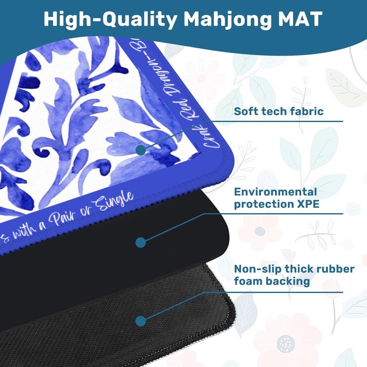 Deep Blue Floral Travel Mahjong Mat with instructions: Mahj Game Tabletop (20.9-inch)