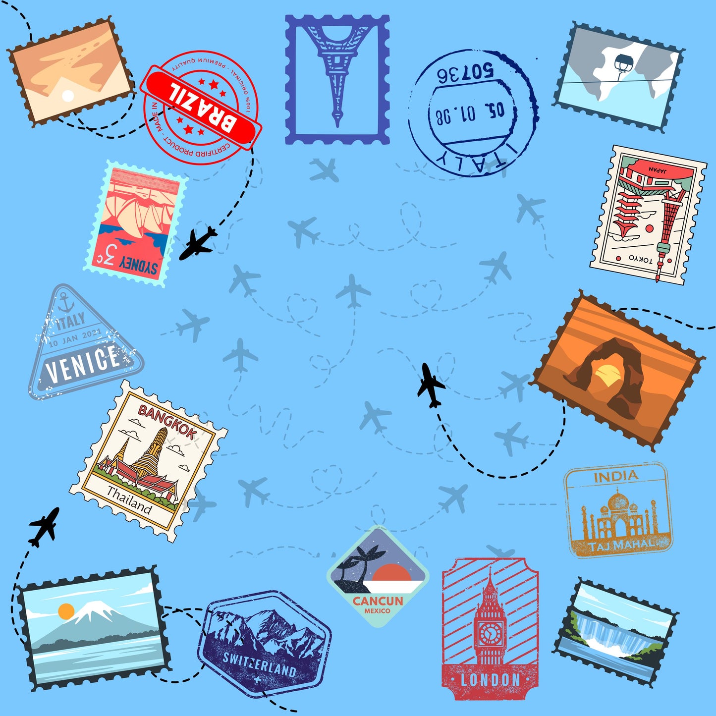 Travel Stamps Blue Travel Mahjong Mat: Mahj Travel-size  (20.95-inch)
