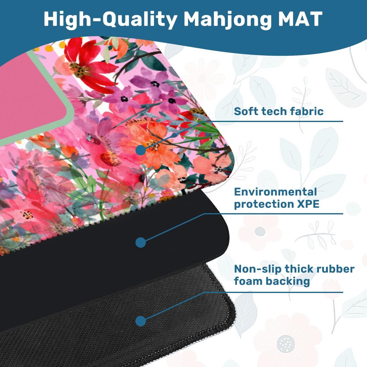 Pink Blooms Mahjong Mat: Neoprene, 33.5" Square