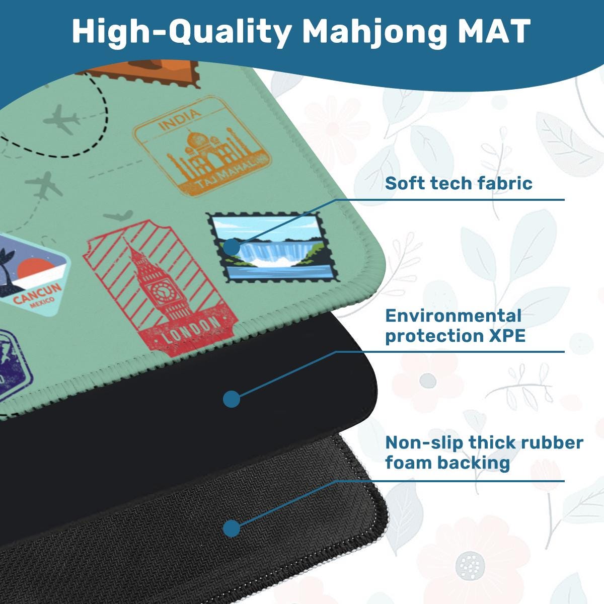 Travel Stamps Mahjong Mat: Mahj Game Tabletop (31.5-inch)