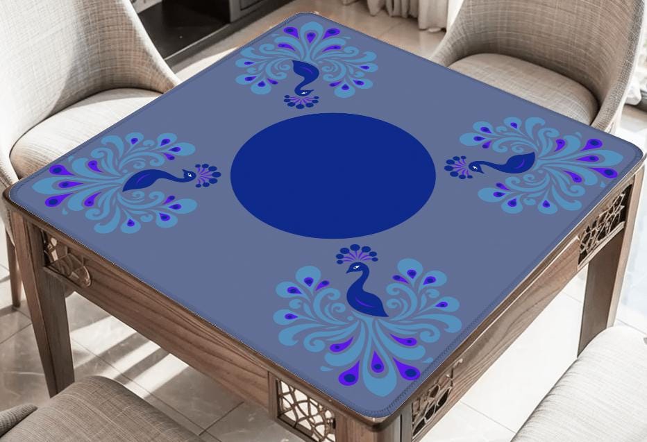 Blue Peacock Mahjong Mat: Mahj Game Tabletop (31.5-inch)
