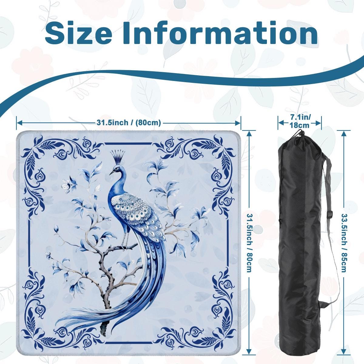 Blue Peacock on a Branch Mahjong Mat: Non-Slip Polyester, 31.5" Square