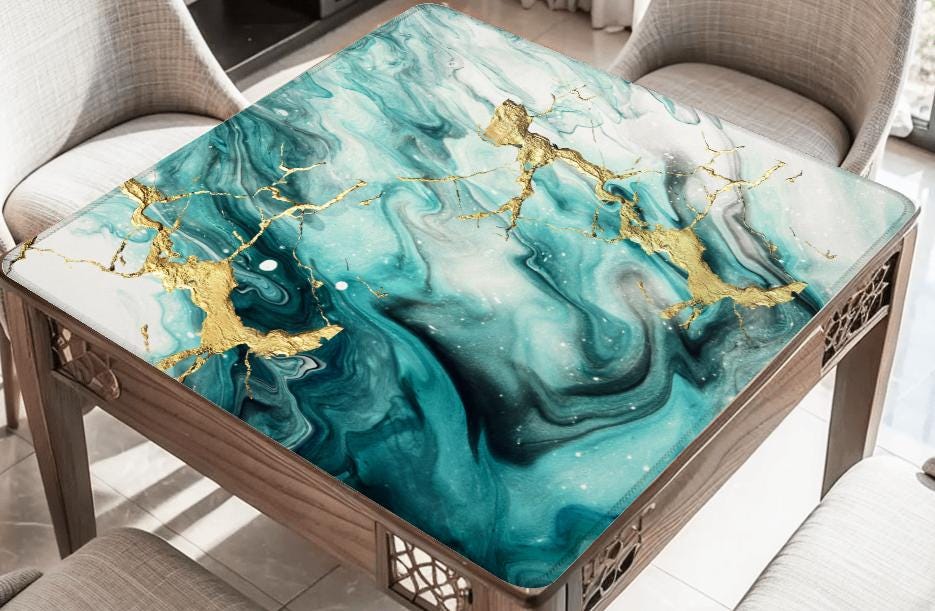 Teal Marble with Gold Splash Mahjong Mat