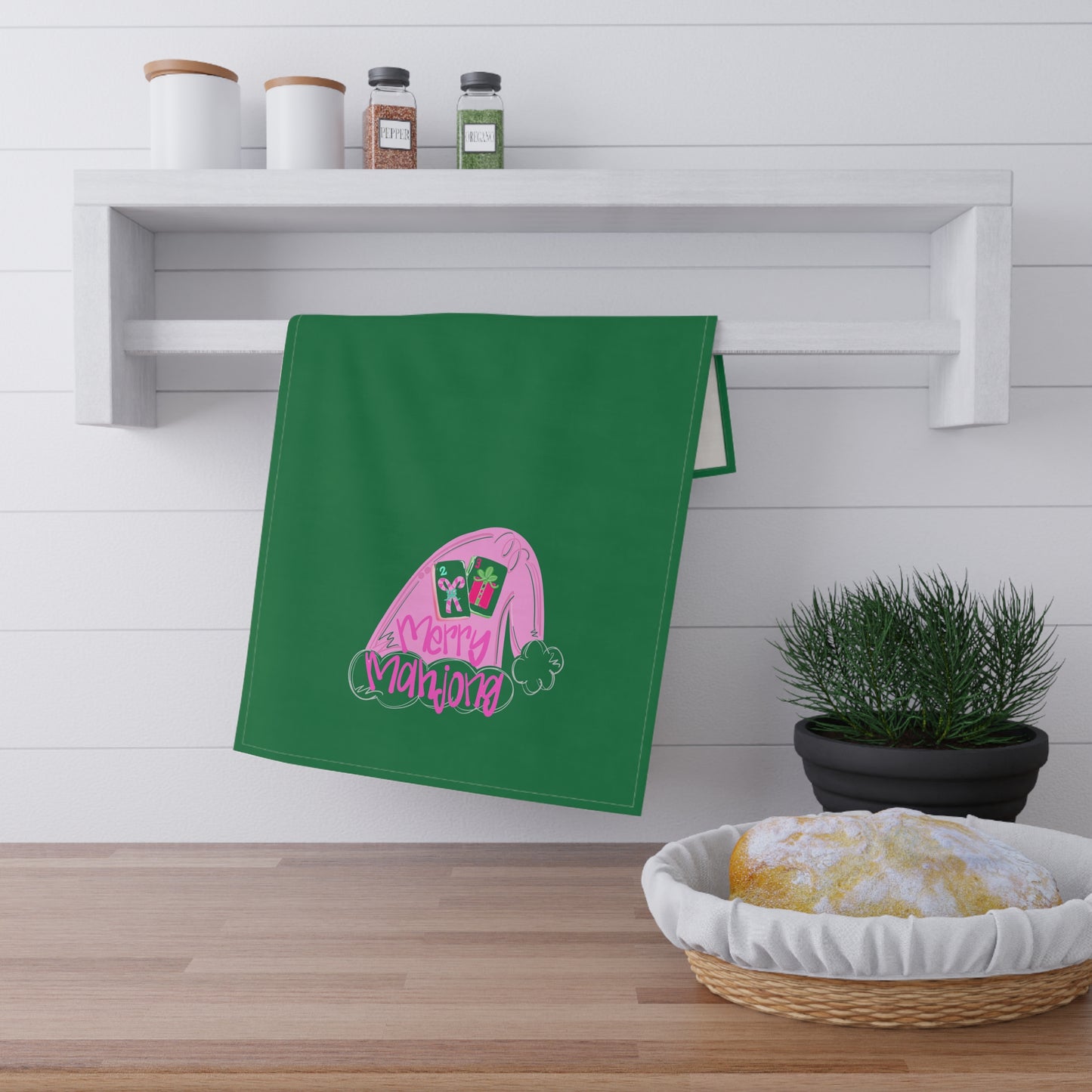 Merry Mahjong Design Tea Towels - Holiday Gift, Gift for Mahj Lovers, Eco-Friendly Cotton
