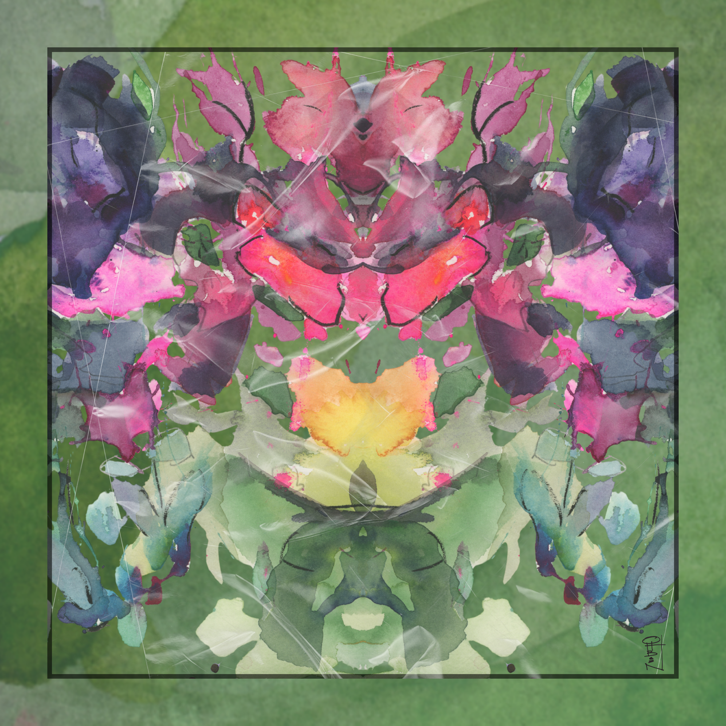 Colorful abstract design with floral elements on a green background