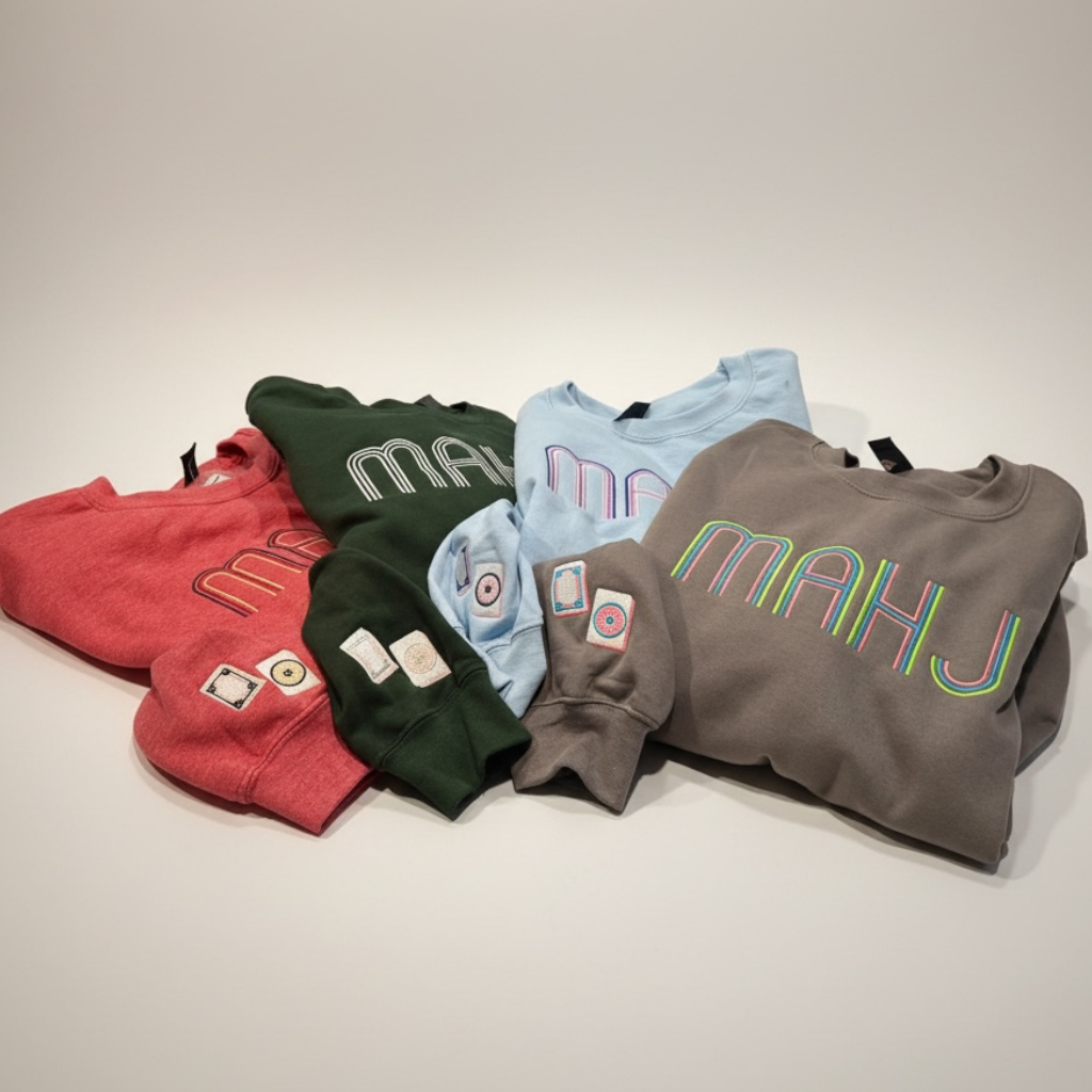 Mahjong Crewneck Sweatshirt with Retro Embroidery