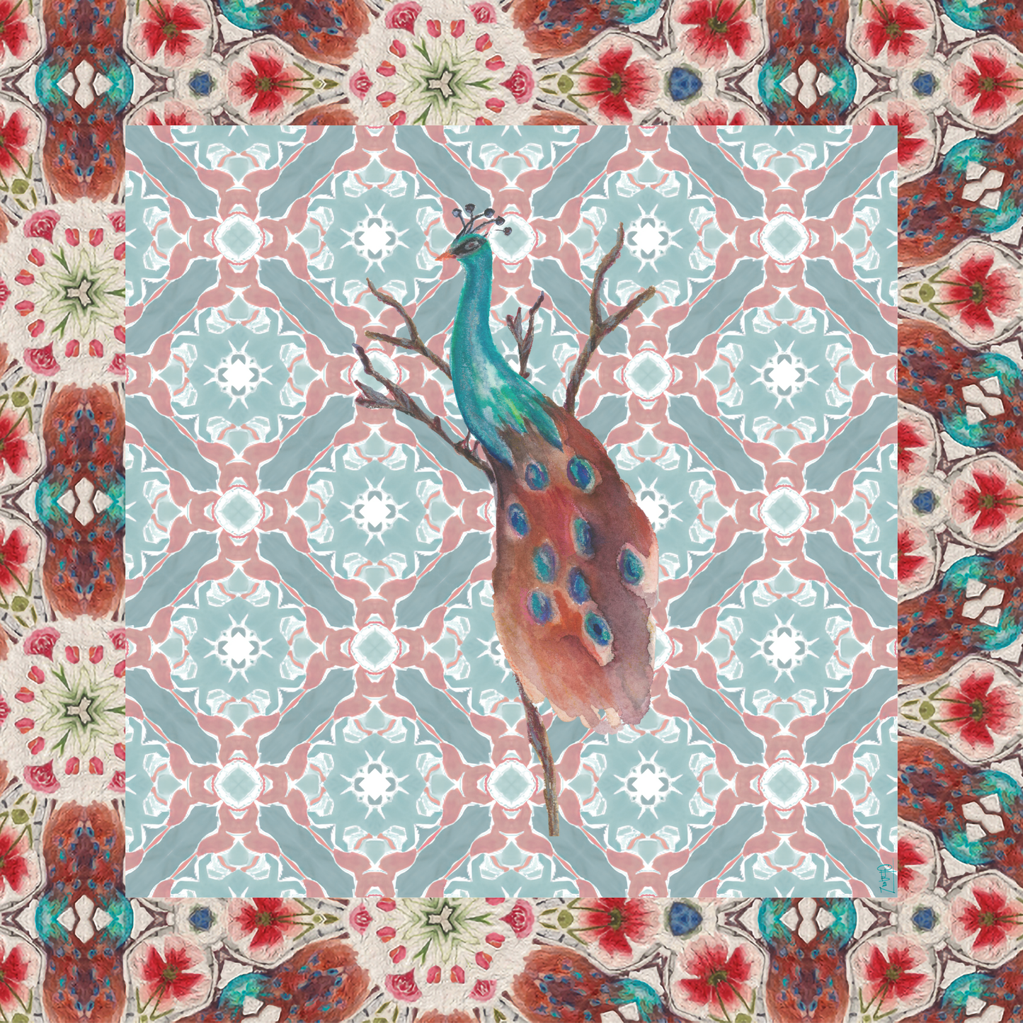 Peacock on a Branch Artist Collab Neoprene Mahjong Mat