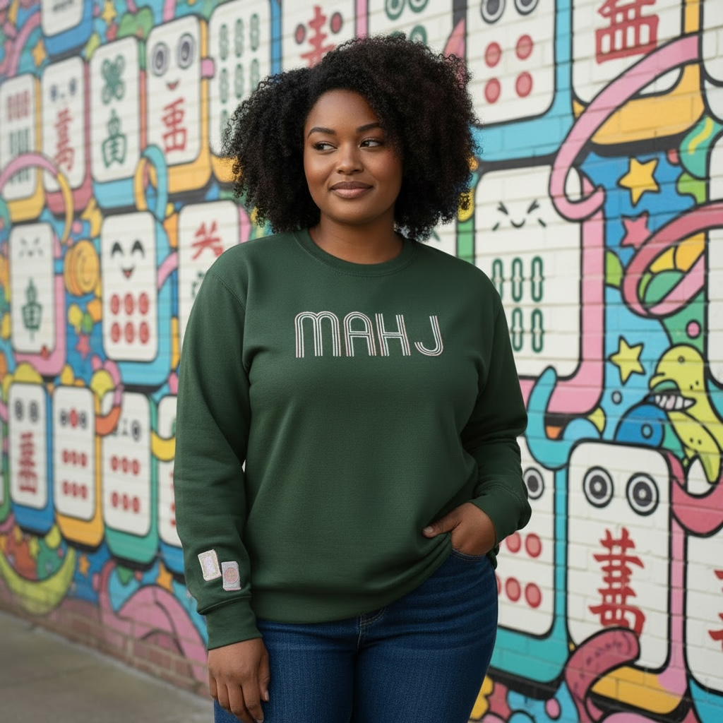 Mahjong Crewneck Sweatshirt with Retro Embroidery