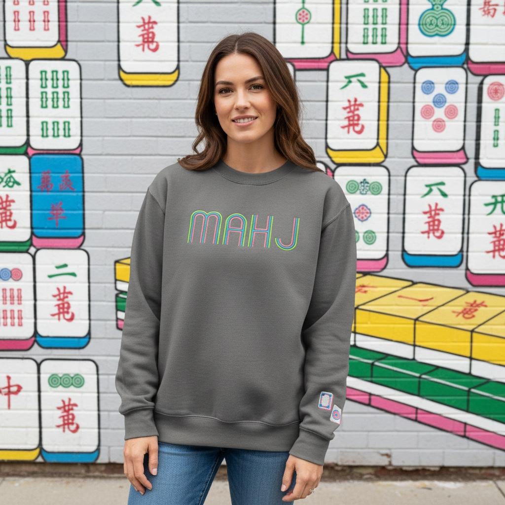 Mahjong Crewneck Sweatshirt with Retro Embroidery