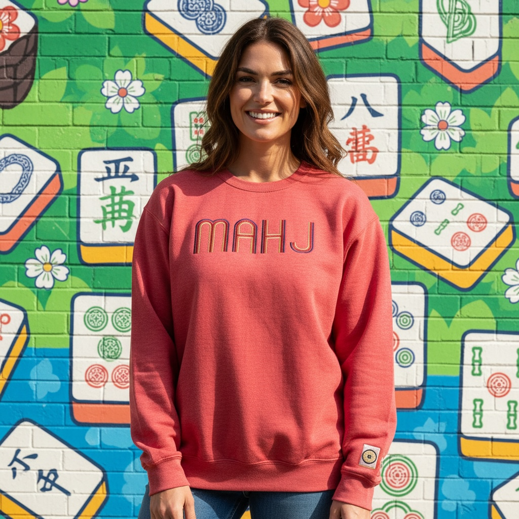 Mahjong Crewneck Sweatshirt with Retro Embroidery