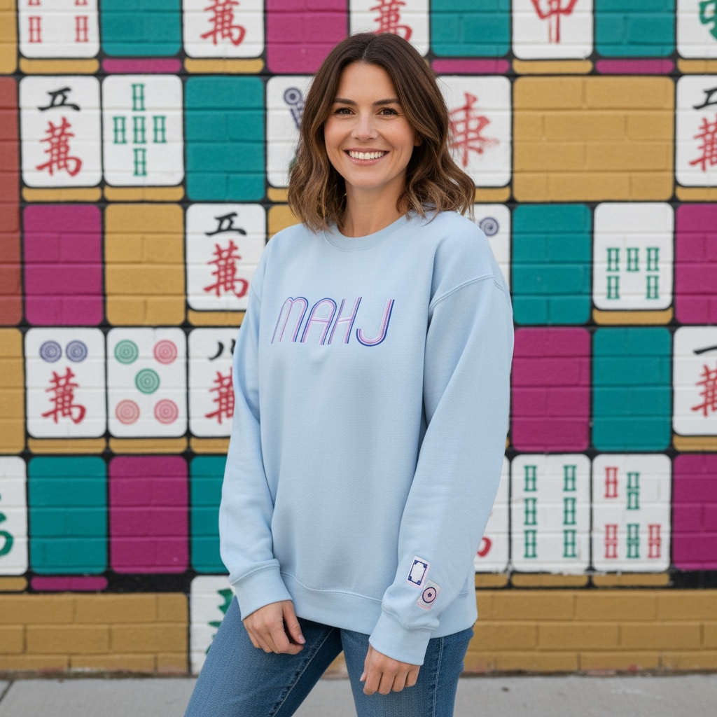 Mahjong Crewneck Sweatshirt with Retro Embroidery