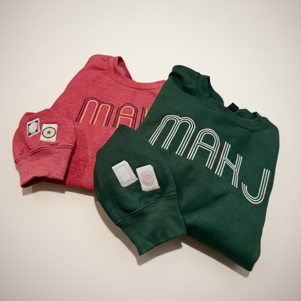Mahjong Crewneck Sweatshirt with Retro Embroidery