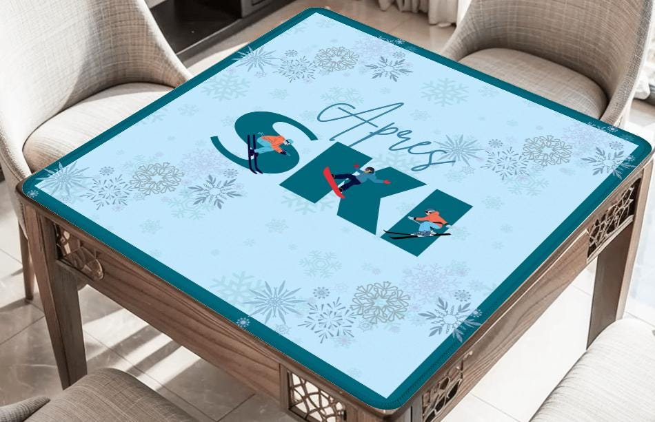 Apres Skiing in Teal with Skiers Mahjong Mat: Mahj Game Tabletop