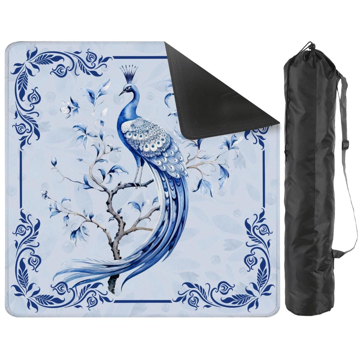 Blue Peacock on a Branch Mahjong Mat: Non-Slip Polyester, 31.5" Square