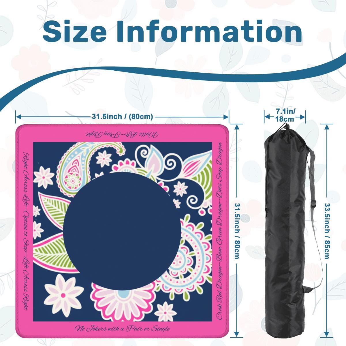 Pink Paisley Mahjong Mat with Printed Mahj Instructions: Non-Slip Polyester, 31.5" Square