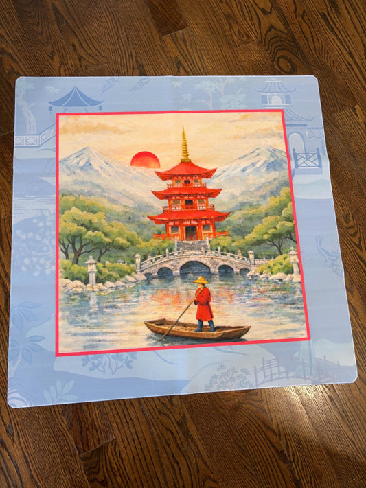 Red Pagoda Mahjong Mat: Watercolor Inspired Mahj Game Tabletop (31.5-inch)