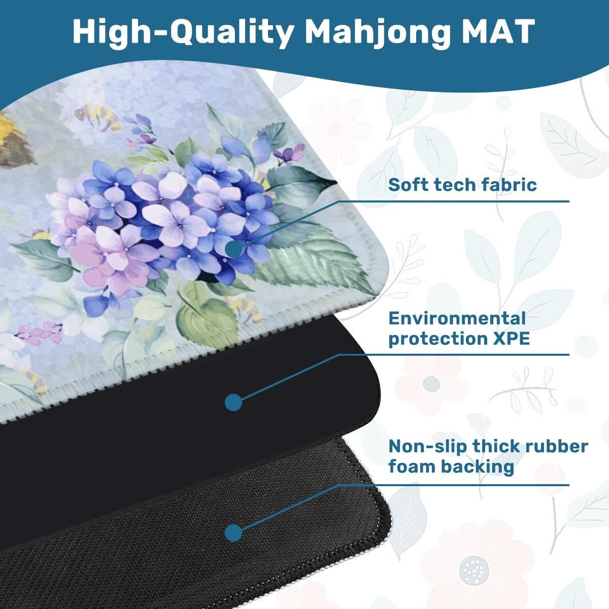 Honeybees and Hydrangeas Mahjong Mat: Mahj Game Tabletop (31.5-inch)