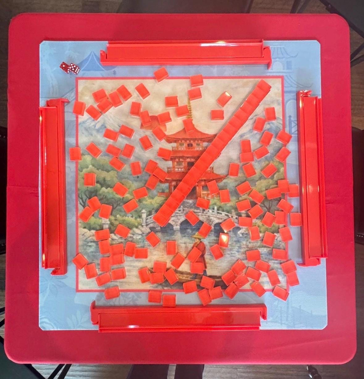 Red Pagoda Mahjong Mat, Watercolor Inspired