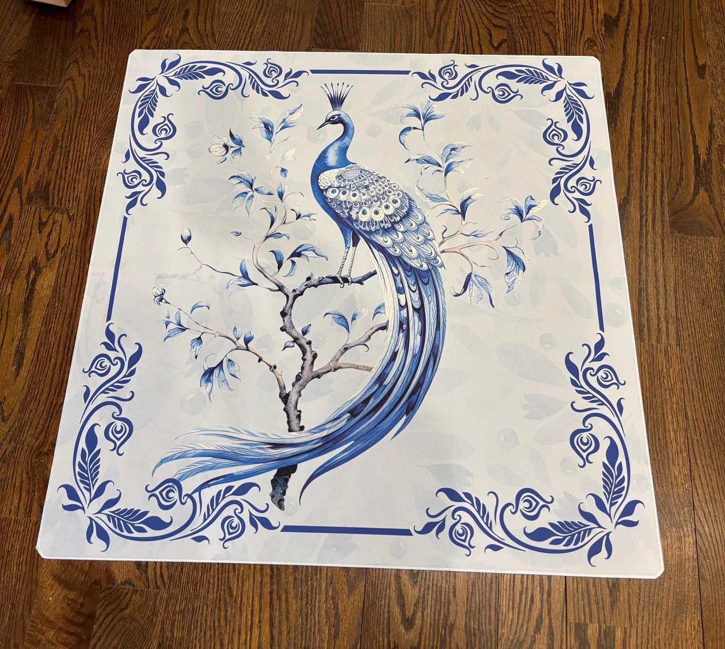 Blue Peacock on a Branch Mahjong Mat: Non-Slip Polyester, 31.5" Square