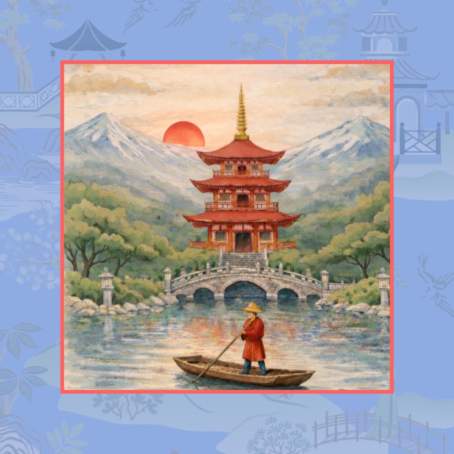 Red Pagoda Mahjong Mat, Watercolor Inspired