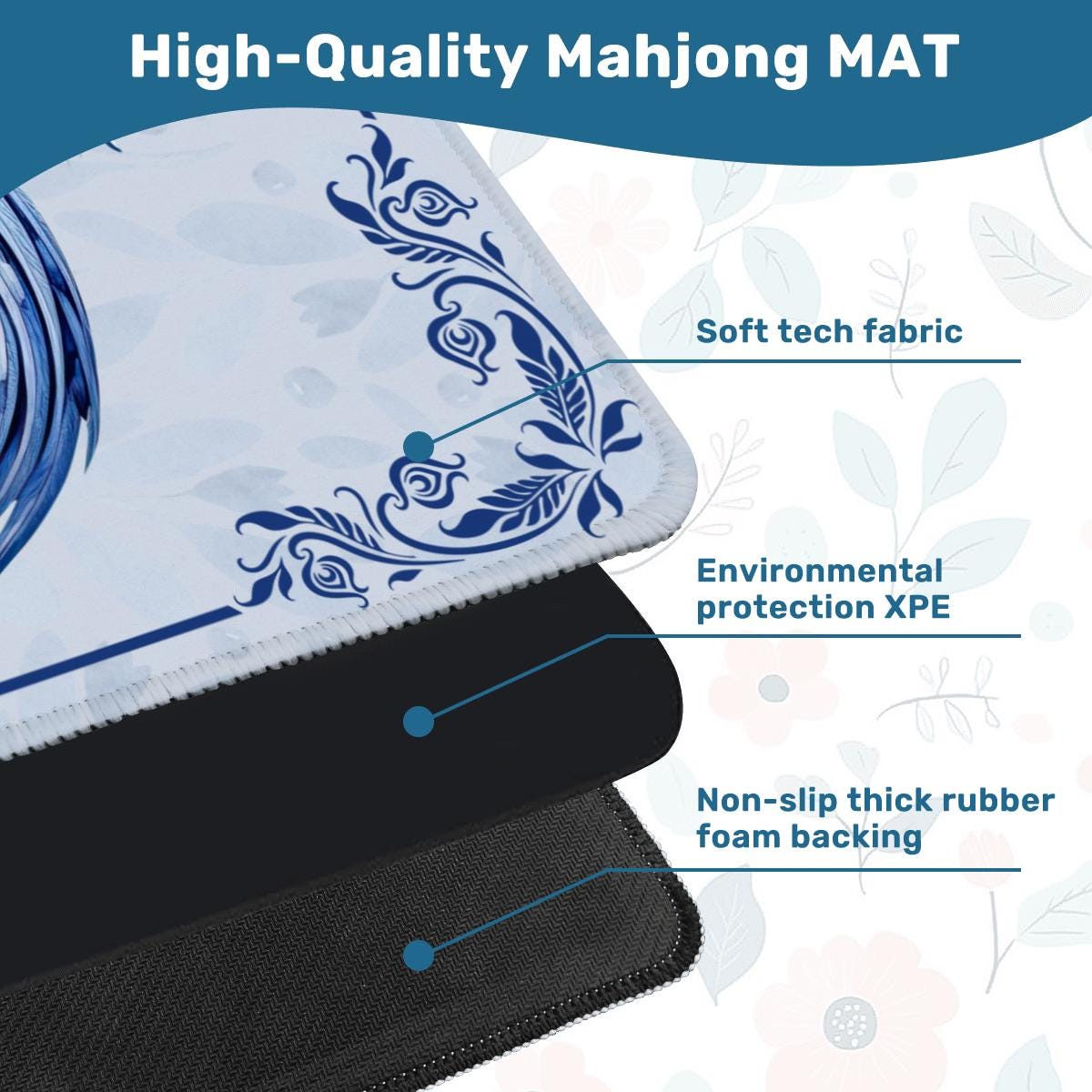 Blue Peacock on a Branch Mahjong Mat: Non-Slip Polyester, 31.5" Square