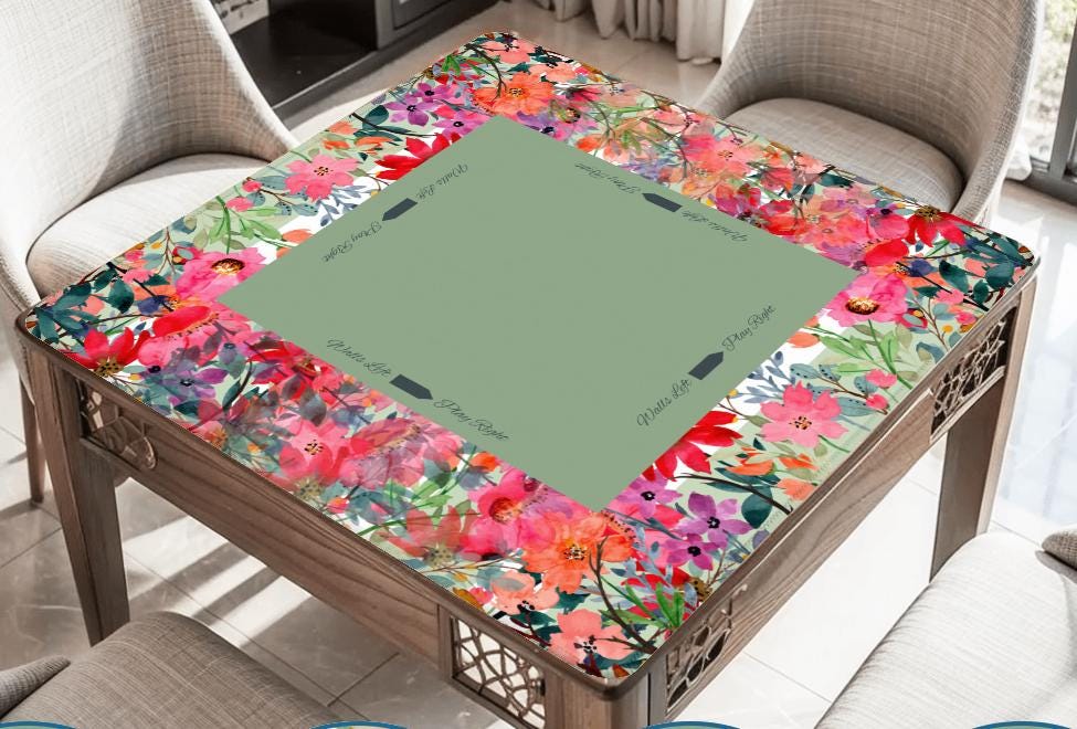 Sage Green Floral with Instructions Mahjong Mat: Mahj Game Tabletop (31.5-inch)