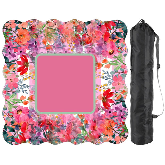 Scalloped Pink Blooms Mahjong Mat with Printed Mahj: Non-Slip Polyester, 31.5" Square