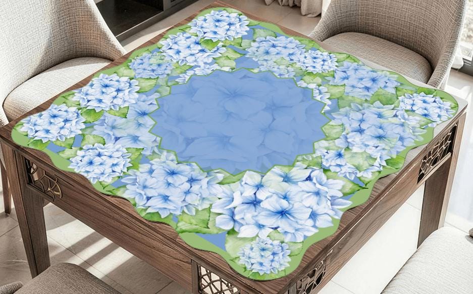 Scalloped Sea of Hydrangeas Mahjong Mat: Mahj Game Tabletop (31.5-inch)