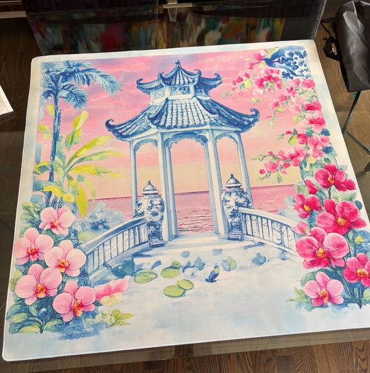 Pagoda by the Sea Mahjong Mat: Watercolor Inspired Mahj Game Tabletop (31.5-inch)